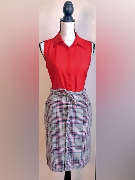 Gordon of Philadelphia Dresses & Skirts - Vintage Plaid Wool Pencil Skirt-Khaki Beige, Red, Blue: Waist Tie, Sz. M/ Sz. 8